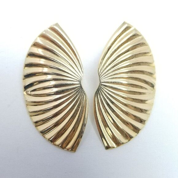 Vintage Fan Shape Stud Earrings, Gold Tone Wing Radiant Design, Estate - Picture 2 of 6